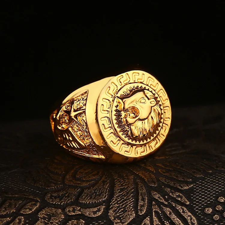 Hip Hop Ringe Schmuck Freimaurer 24k Gold Löwe Medaillon Kopf Fingerring für Männer Frauen HQ