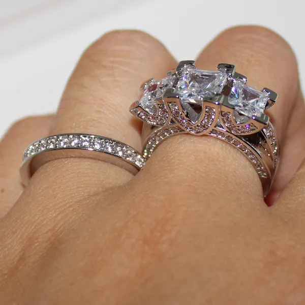 EXKLUSIVES Dame 925 Sterling Silber Quadrat Simulierte Diamant CZ Gepflasterten Stein 2 Erklärung Ehering Ring Schmuck für Frauen