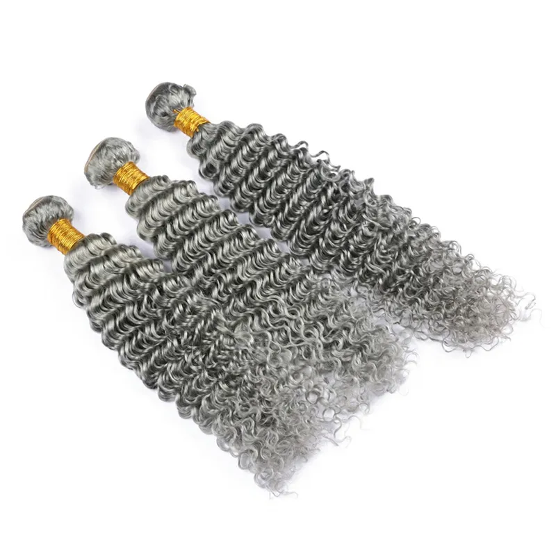 Paquetes de cabello humano rizado profundo de color gris Paquetes de cabello malasio virgen gris puro teje Extensiones de cabello gris de onda profunda Dhl 1784151