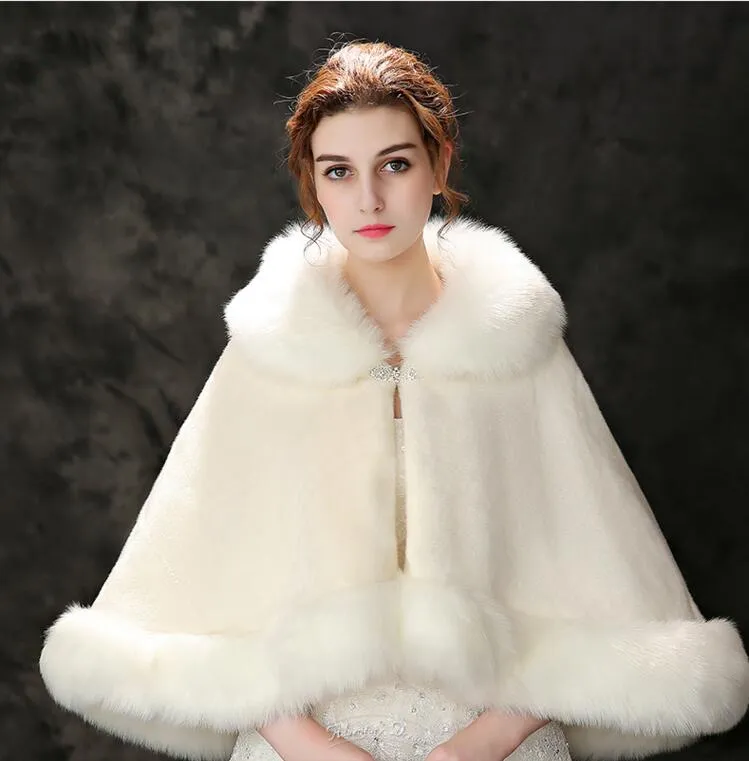 Winter Wedding Cloaks Bruids Faux Bont Wraps Warm Sjaals Bovenkleding Zwart Bourgondië Wit Koreaanse stijl Damesjas Prom Avond Party H09