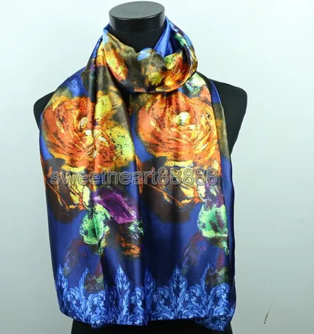 Gold Flower Royal Blue Purple Scarves Women's Fashion Satin Oil Painting Long Wrap Shawl Beach Silk Scarf 160X50cm