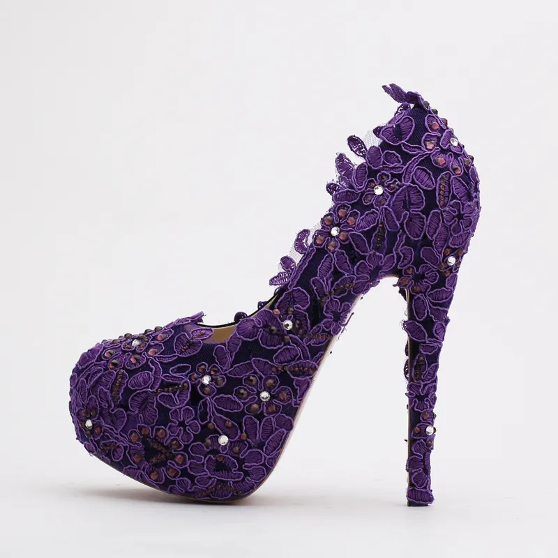 Purple Flower Rhinestone Bridal Shoes High Heels Stiletto Lace