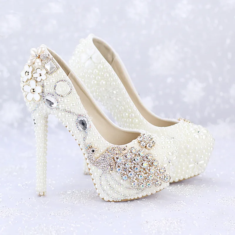 Custom Made New Ivory Pearl Wedding Shoes Round Toe Platforms Phoenix Rhinestone Bridal Dress Shoes Banquet Prom Pumps