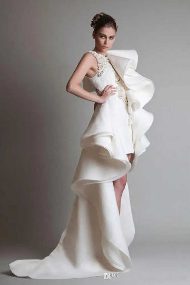 Designer Wedding Gowns One Shoulder Appliques Ruffles Sheath HiLo Organza Customed WhiteIvory Krikor Jabotian Bridal Dress3562543