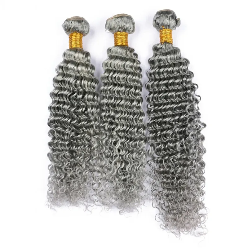 Paquetes de cabello humano rizado profundo de color gris Paquetes de cabello malasio virgen gris puro teje Extensiones de cabello gris de onda profunda Dhl 1784151