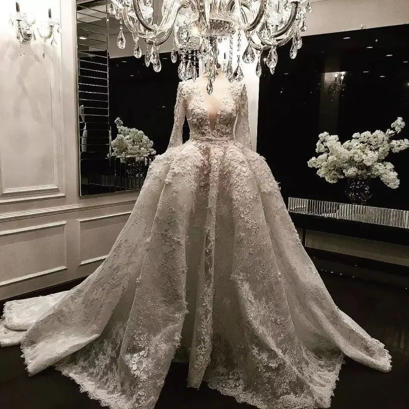 Luxury Lace Ballgown Champagne Wedding Dress 2018 Sexy Deep V Neck