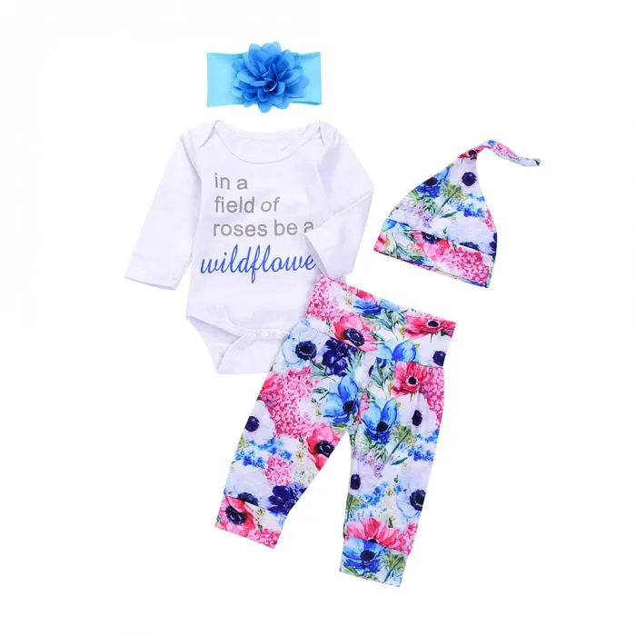 2018 Nouveaux Vêtements Pour Enfants Printemps Automne À Manches Longues Lettre Fleur Impression Bébé Barboteuse Pantalon Chapeau Bandeau 4 PCS Infant Toddler Filles Vêtements Ensemble