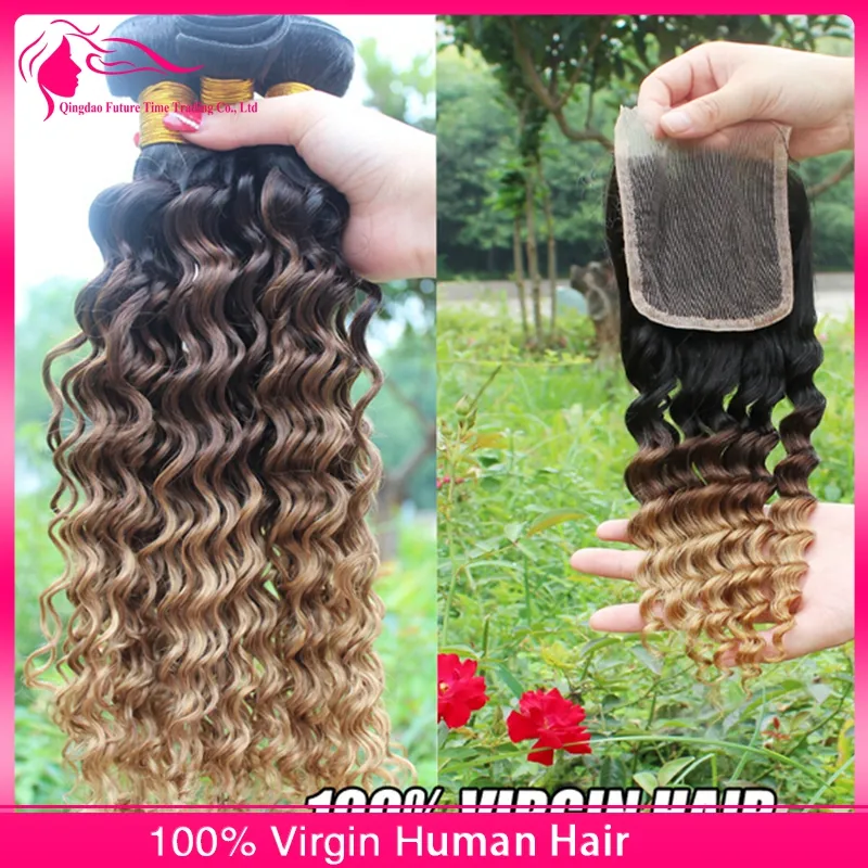 Malaysian Deep Wave Wavy Ombre Human Hair Extensions #1B 4 27 Ombre Hair Weave Bundles With Three Tone Ombre Lace Closure 