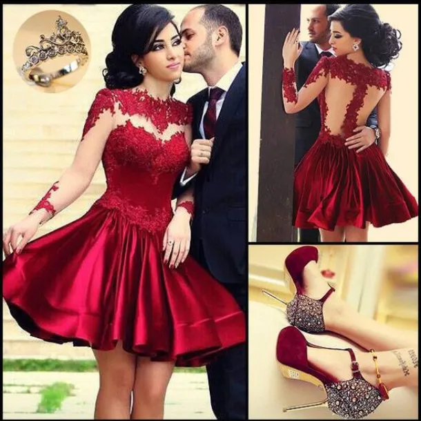 2018 Perfect Illusion Neckine Prom Dresses Red Bodice High Collar Sheer Long Sleeves Evening Ball Gowns Short Mini Party Prom Dress Newest