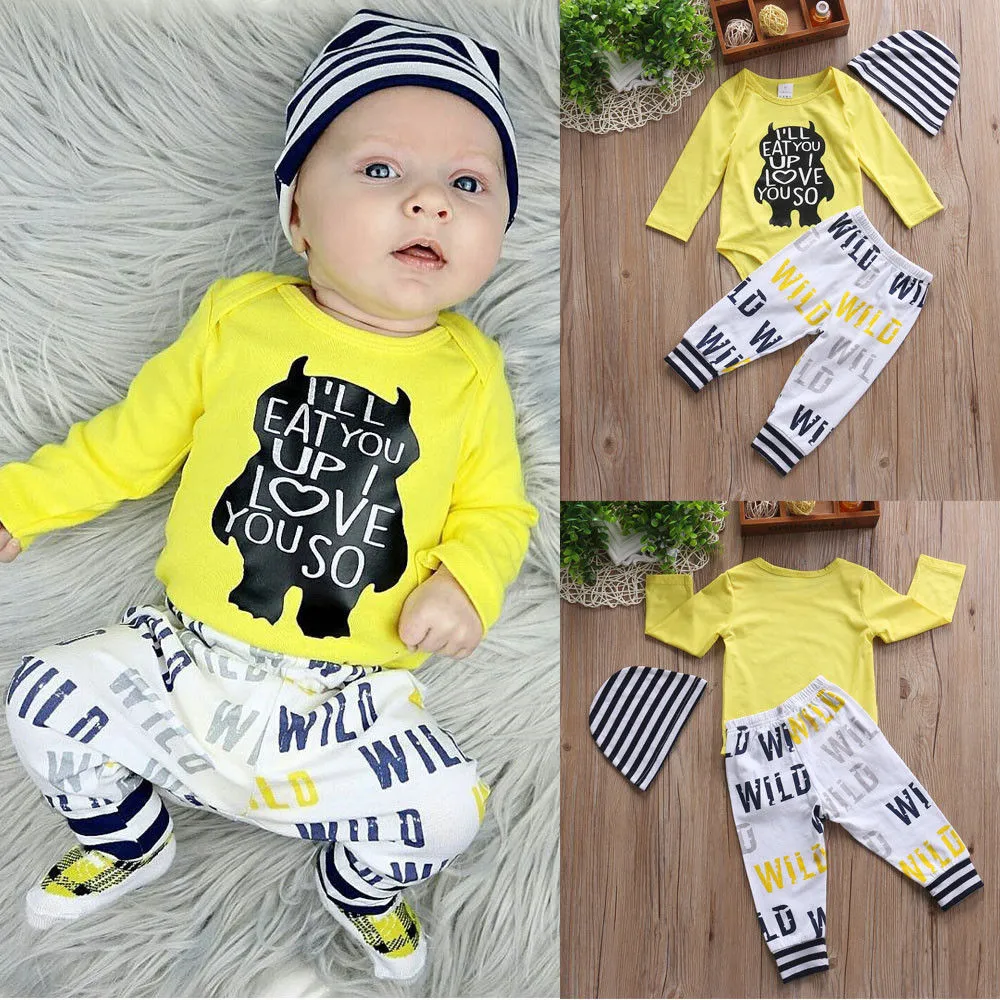 Bebê Menino Roupas 2018 Conjunto de Roupas de Bebê recém-nascido Infantil Manga Longa Urso Carta Impresso Amarelo Romper + Calça + Chapéu 3 Pcs Meninos Roupas conjunto