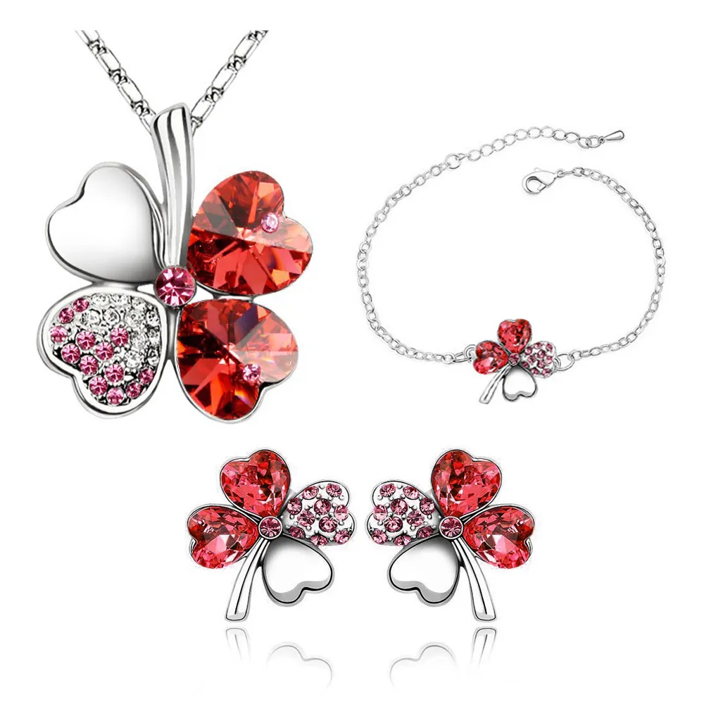 New Fashion Four Leaf Clover Pendant Necklaces Jewelry Sets Austria Zircon Crystal Necklace+Earrings+Bracelet Set Love Heart Women Jewellry