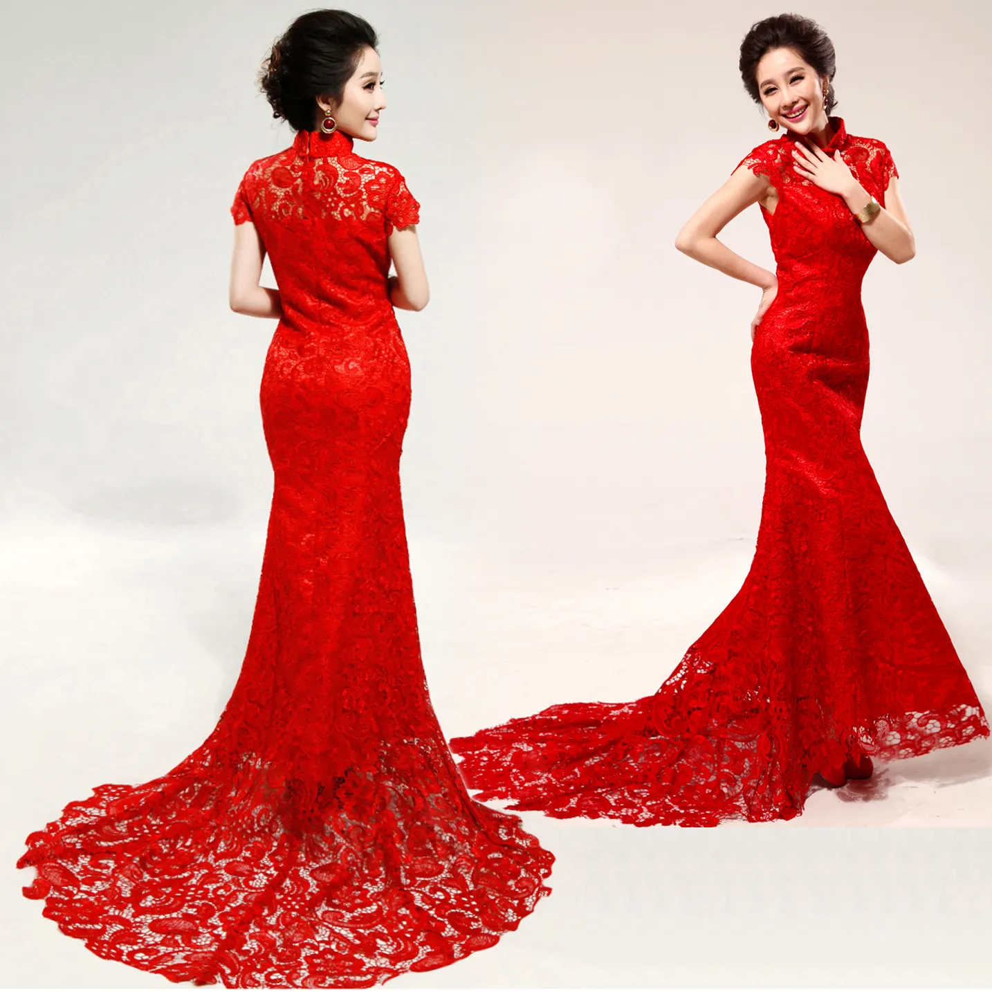 Conventionele China Cheongsam Trouwjurken 2015 Hoge Hals Mouwloze Mermaid Bruidsjurken Sweep Trein Applique Rode Kant Trouwjurk