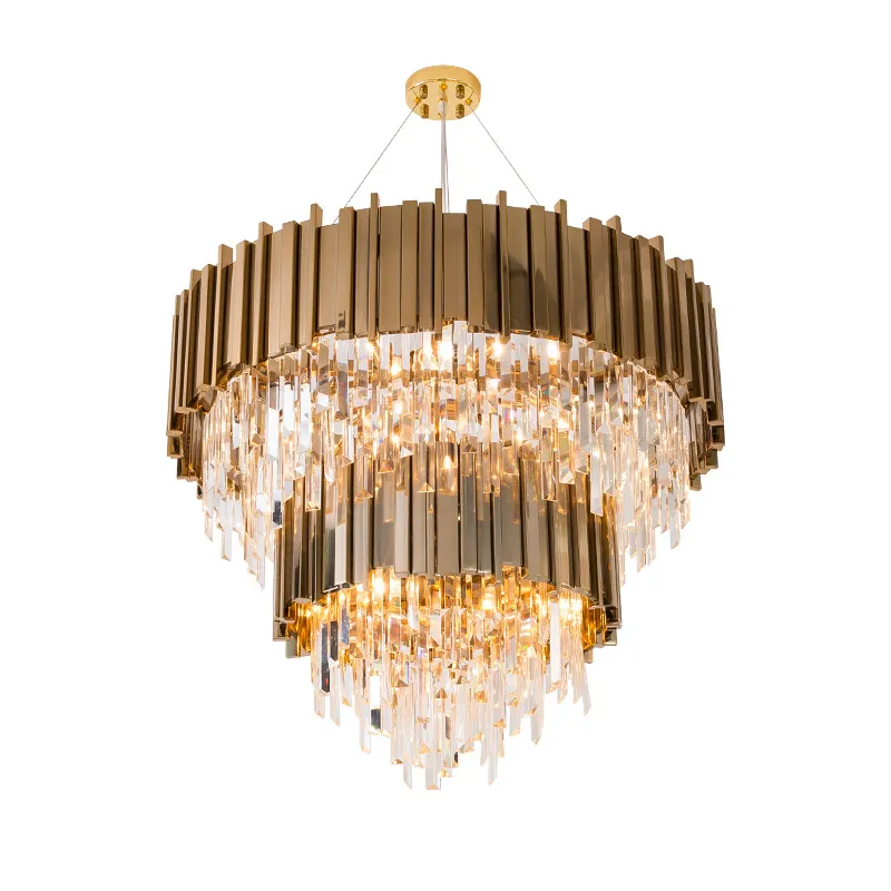 Lampe à suspension en cristal post-moderne de luxe, abat-jour en acier inoxydable en cristal K9 en or, éclairage suspendu moderne, lumières en cristal rondes et rectangulaires