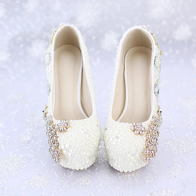 Custom Made New Ivory Pearl Wedding Shoes Round Toe Platforms Phoenix Rhinestone Bridal Dress Shoes Banquet Prom Pumps