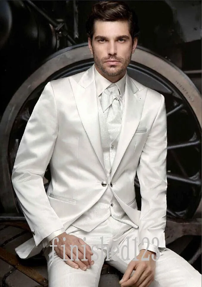 Os recém-chegados de um botão noivo branco smoking pico lapela groomsmen melhor homem casamento ternos de jantar de baile (jaqueta + calça + colete + gravata) G3996