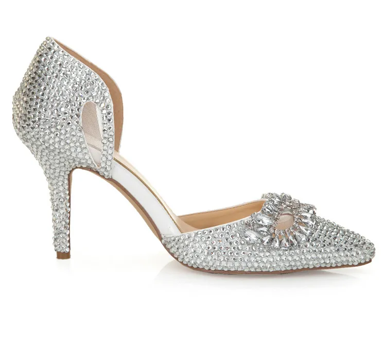 Scarpe con tacco in strass argento Punta a punta Bling Cenerentola Scarpe Taglia 40 41 8cm Scarpe da sera da sposa Scarpe da ballo da donna in cristallo da discoteca