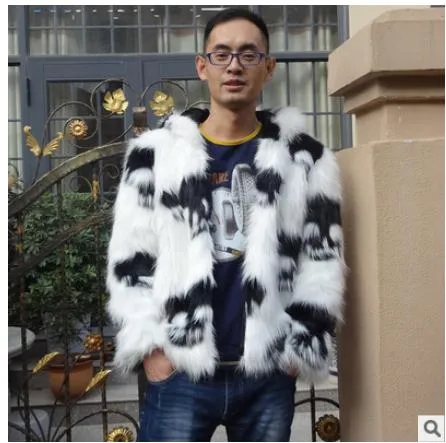 Wholesale- S/3Xl Mens Hooded Large Size Faux  Fur Skull Printing Casual Winter And Autumn Fur Jackets Patchwork Male Outwears Clothes C3