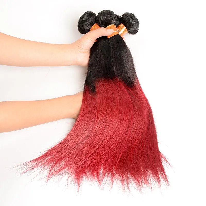 Två tonröd hår 3 buntar Brasilianska Virgin Human Hair Weave 1B Röd Ombre Hair Extension Red Colored Bundles