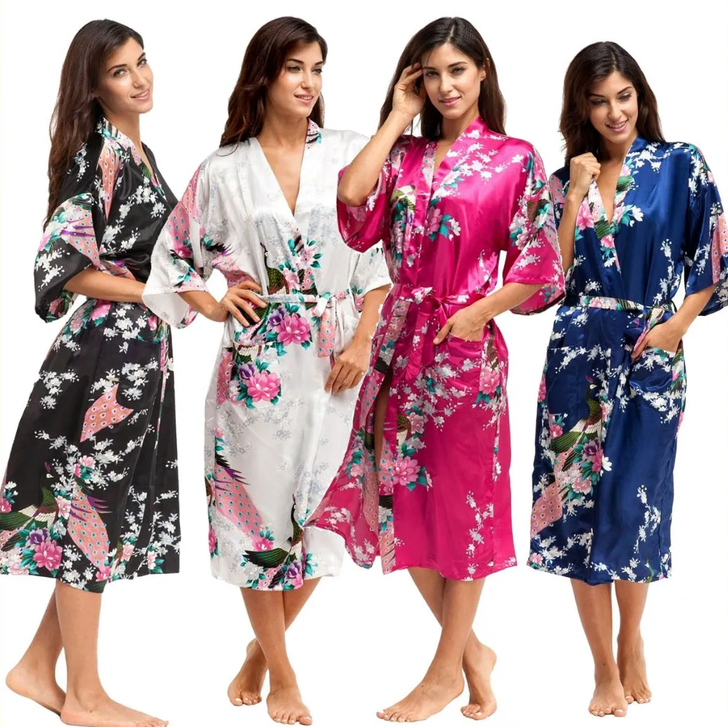 Kvinnors Silk Robe Ladies Satin Floral Pajama Lingeri Sleepwear Kimono Bath Gown PJS Lång Nattgong Bröllop Brudtärna Robe