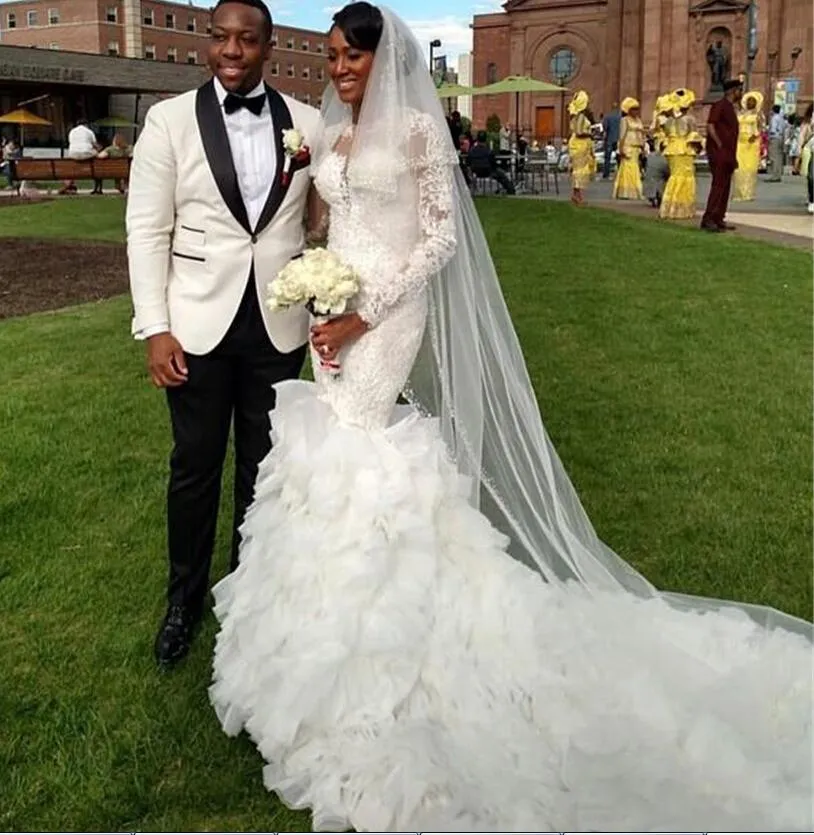 Afican vestidos de casamento mangas compridas de renda ilusão decote sereia forma vestidos de noiva vestido de noiva babados ruched apliques frisado 2015