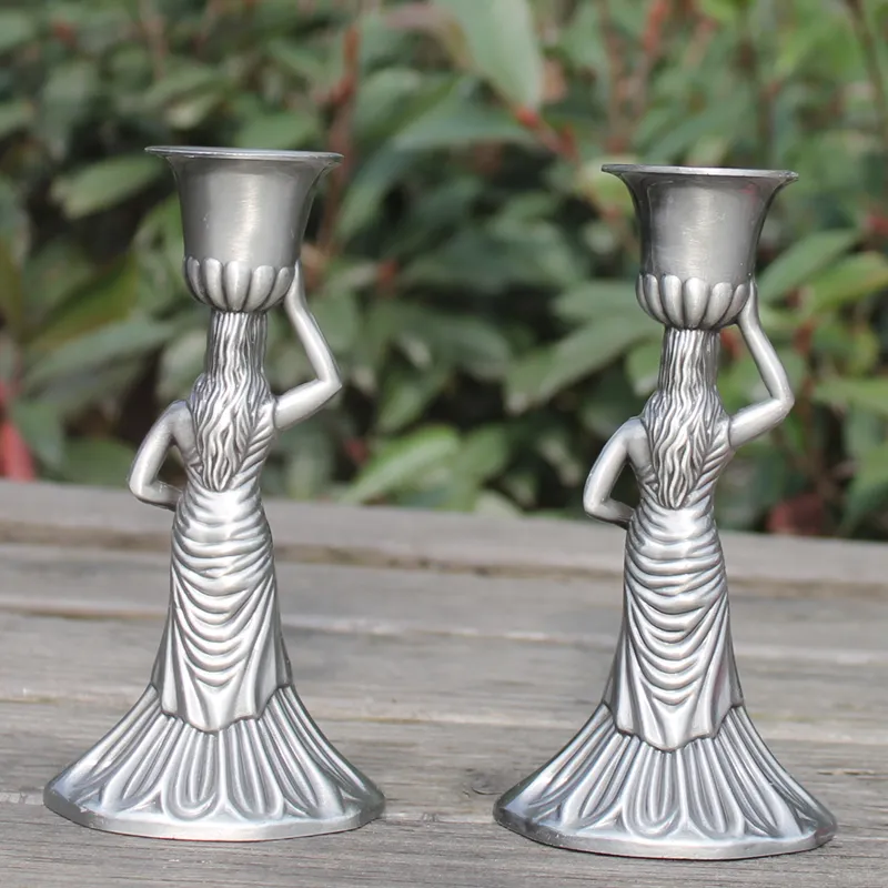 düğün veya olaylar, 1 çift / Retro tek kafa için Pewter kaplama melek mum çubuk 14 cm yükseklik ev dekorasyonu şamdanlar