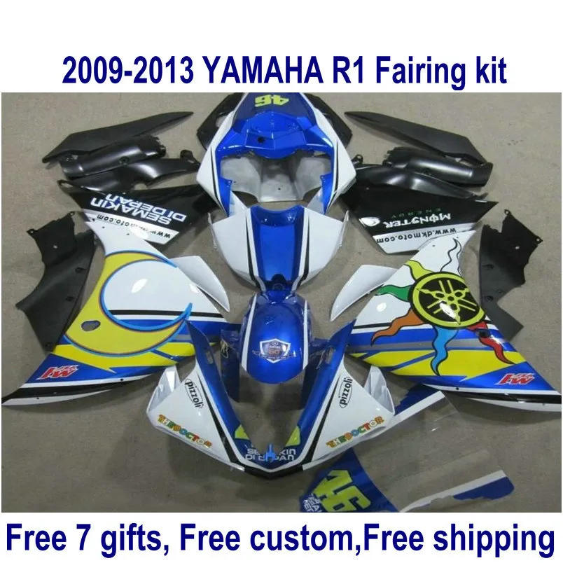 Gratis Anpassa Fairings Set för Yamaha YZF R1 2009-2011 2012 2013 YZF-R1 Blue Black Yellow Fairing Body Kit 09-13 ha37