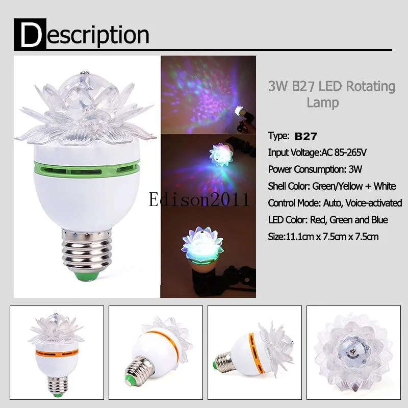 Hot Items Colorful Lotus Flower 3W E27 LED RGB Auto Rotating Bulb Stage Light Christmas Xmas Party Lamp bar lights high quality 