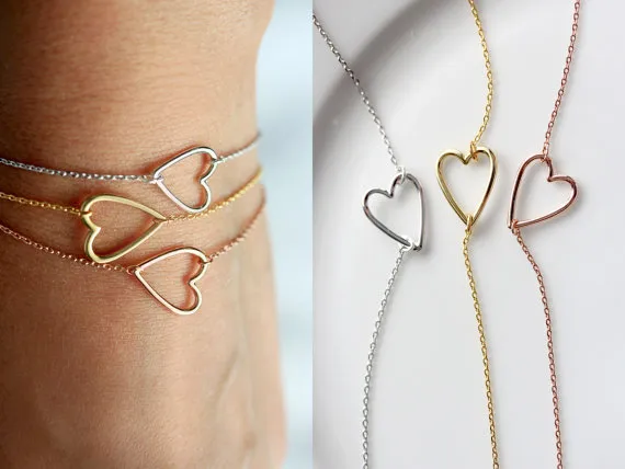 Gold Silver Tiny Line Hollow Out Open Heart Bracelets Simple Wire Wrapped Love Heart Bracelets for Lovers Couples