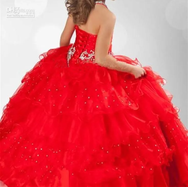 Bonito vermelho multi camadas menina festa vestidos de baile halter frisado pageant vestidos trajes de halloween crianças formal wear1730088