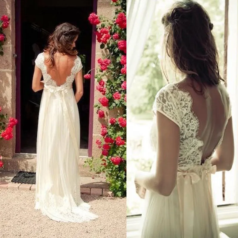 2019 Vintage Bohemian Wedding Dresses A Line Backless Sheer Lace Cap Sleeves Bridal Gowns with V Neck Beaded Sash Country Brides Sweep Train