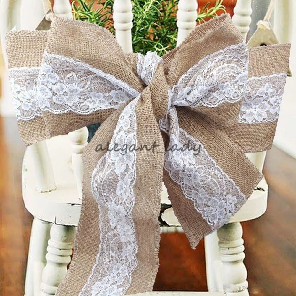 240 x 15cm Lace Bowknot Burlap Chair Sashes Natural Hessian Jute Linen Rustic Chair Cover Tie Bowknot for Wedding Chair Decor DIY Crafts