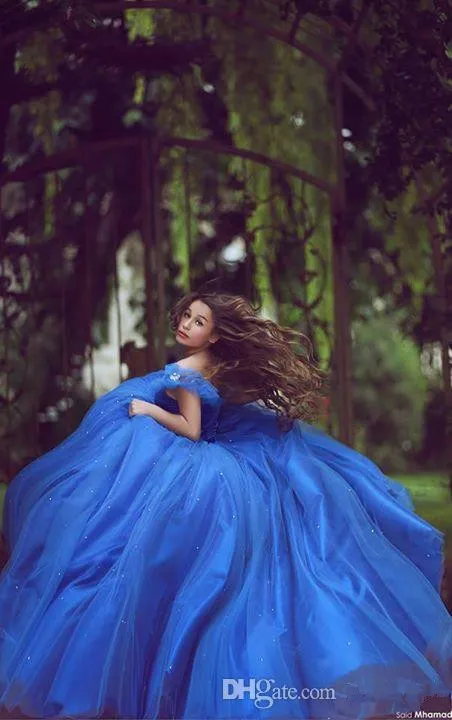 2019 Quinceanera Dresses blue off the Shallden Ball Gown Puffy Tulle Prom Gowns Lace-up Sweet 16フォーマルドレスMhamad7728228