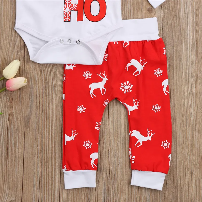 Abbigliamento natalizio bambini Fiocco di neve Stampa cervo Abiti in cotone Bambino neonato Neonate Ragazze Pagliaccetto Pantaloni Cappello 3 pezzi Abiti Set Vestiti neonati