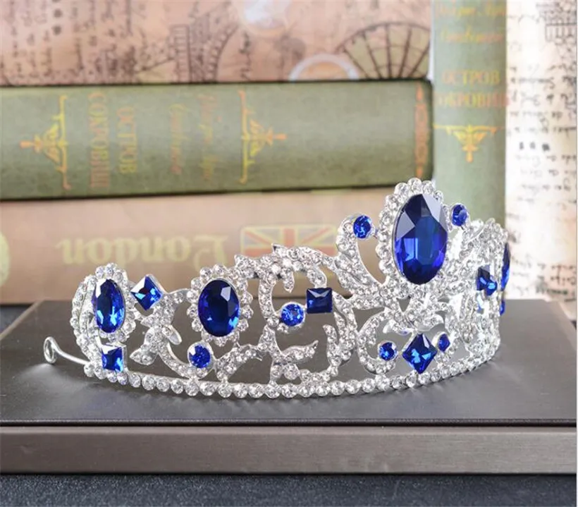 Vintage Mavi Kristal Taç Rhinestone Tiara Düğün Gelin Saç Aksesuarları Başlık Kafa Takı Gümüş Balo Headdress Prenses Kraliçe