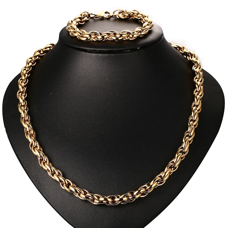 Enorme Men039s Estilo de fiesta Pesado Joyería popular Acero inoxidable Encantador Alta calidad 24k Cuerda de oro Collar de cadena de eslabones bracel2964404