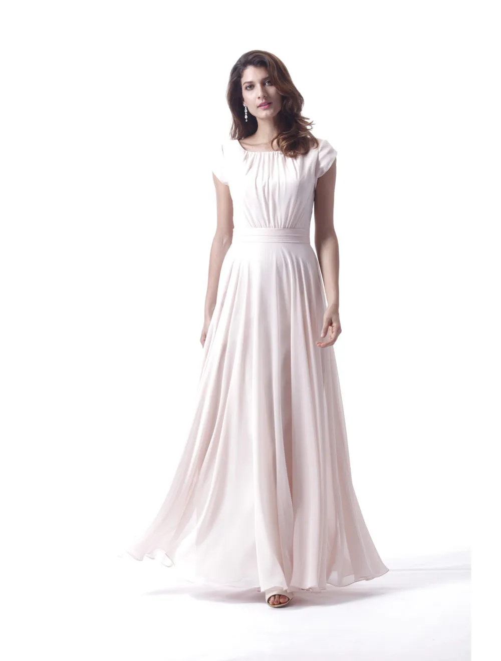 Blush Pink Cap Sleeve Ruched Chiffon Long Bridesmaid Dresses