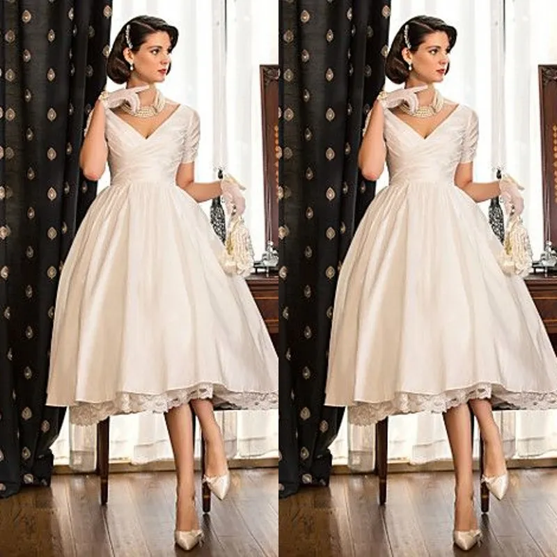 2015 Elegant Tea Length Wedding Dresses V-neck Capped Sleeves Lace Satin Puffy Wedding Gowns Custom Made Short Bridal Gowns