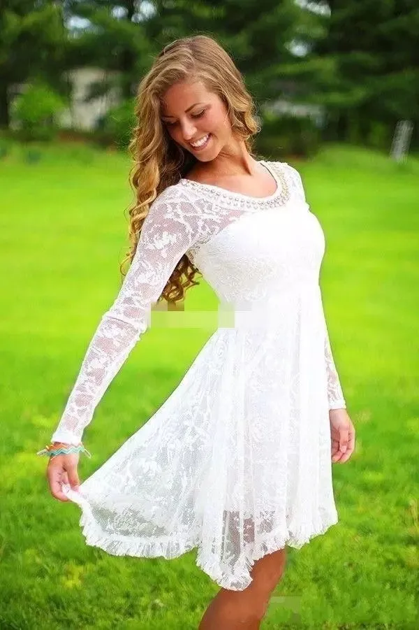 Short Casual Country Wedding Dress With Long Sleeves Crystal Neckline Knee Length Full Lace Wedding Gowns Beach Bridal Dresses