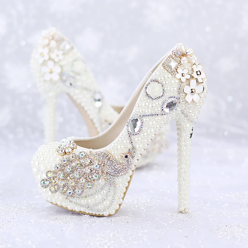 Custom Made New Ivory Pearl Wedding Shoes Round Toe Platforms Phoenix Rhinestone Bridal Dress Shoes Banquet Prom Pumps