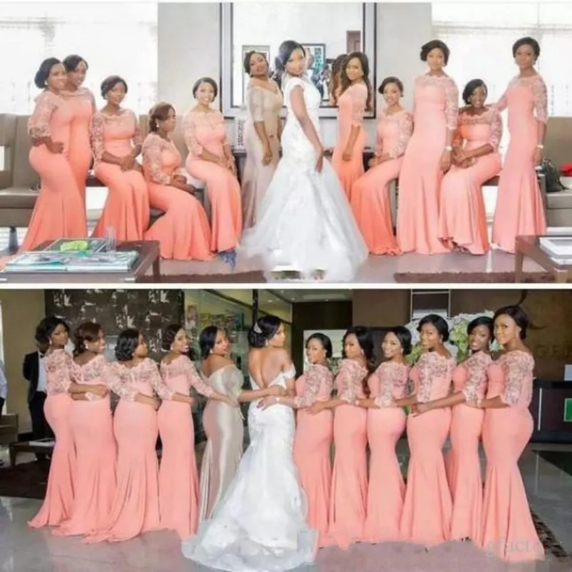 Arabisch Afrikaans Coral Peach Blush Lange Bruidsmeisjes Jurken met Half Mouwen Plus Size Kant Mermaid Party Jurk Mooie BridemaTe Jurken 42