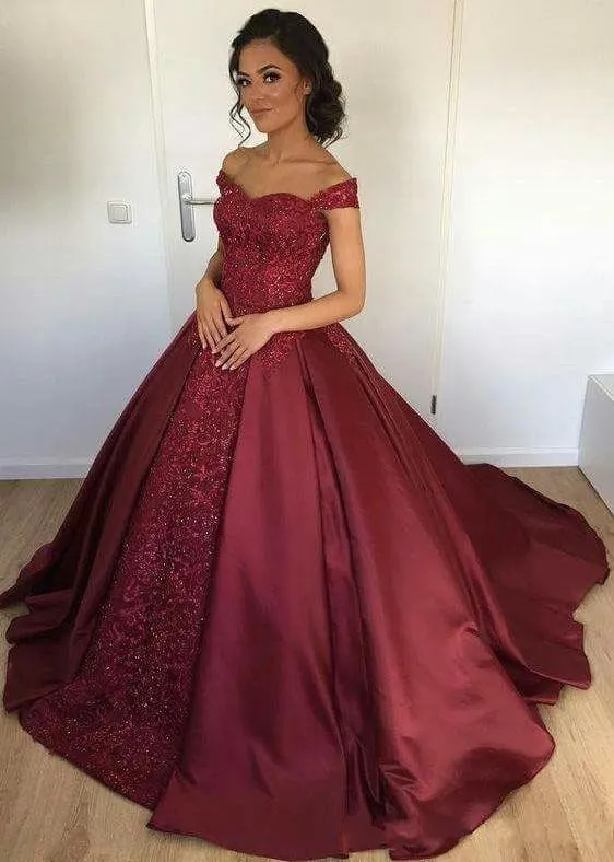 2017 Suknie wieczorowe Overtkirts Burgundii Off Ramię Koronki Aplikacje Koraliki Cekiny Satin Sweep Pociąg Celebrity Cocktail Party Prom Suknie