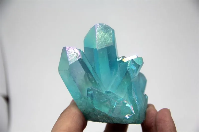 Beautiful Light Blue Aura Quartz Crystal Titanium Bismuth Silicon Cluster Rainbows Natural Stones and Minerals346f