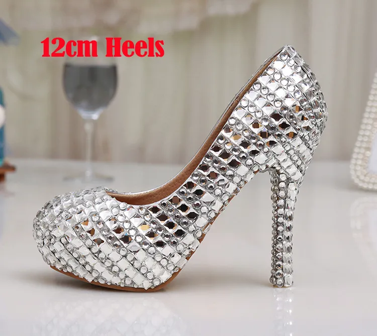 Femmes talon haut paillettes cristal plates-formes chaussures de mariage diamant bijoux argent chaussures de mariée 12 cm cendrillon bal soirée pompes