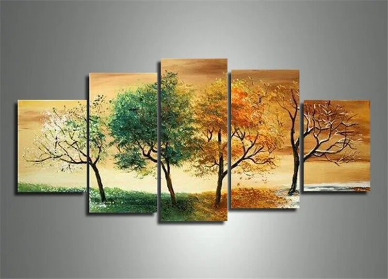 Four Seasons Tableau paysage nature toile peinte à la main 140x45cm
