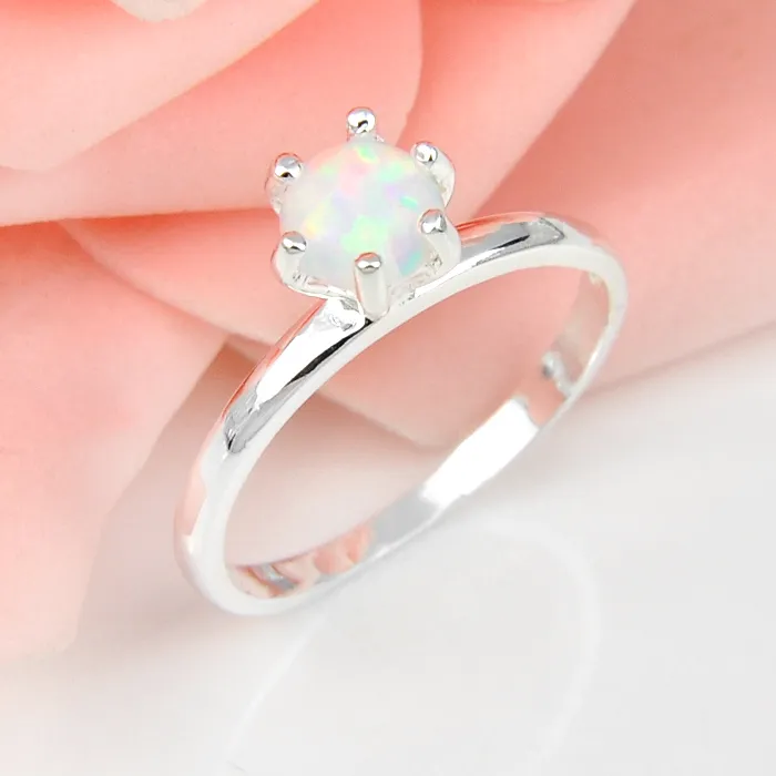 Luckyshine 6 PCS /ロット母親のギフトラウンドホワイトファイアーオパール宝石925シルバーの結婚指輪ファミリーフレンドホリデーギフトリング