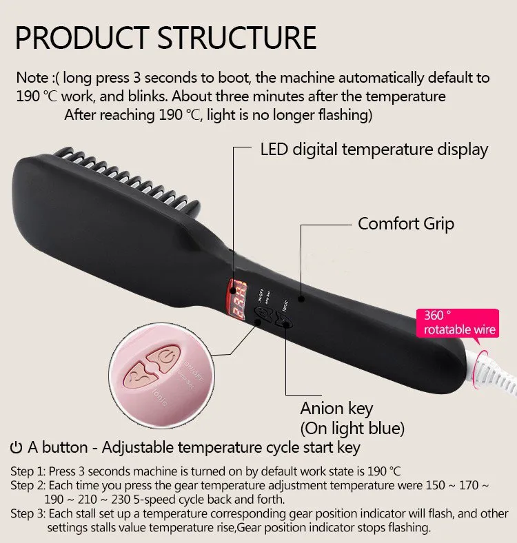2 en 1 Ionic Hair Straightener Peigne Fers LCD Display Straight Hair Brush Peigne Redressement Rose Noir Gratuit par DHL