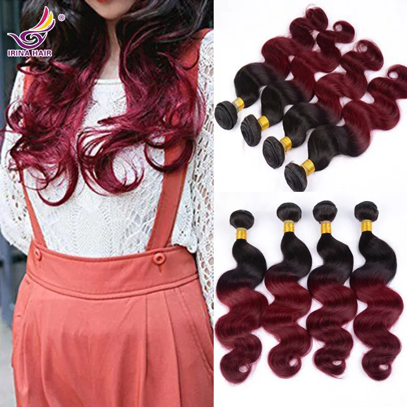 Ombre Virgin Hair Burgundy Brasiliansk Virgin Hair Extension 4 Bundlar Blandade Längder 12 "-26" Rå Peruansk Virgin Hair Body Wave Hair Weaving