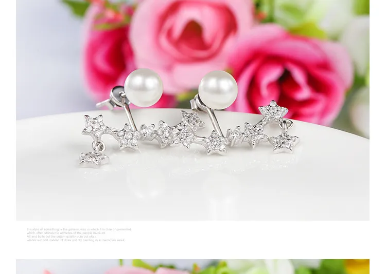 Pendientes de tuerca de plata de ley 925, joyería de moda, estrellas de gota de agua con perlas, pendientes de estilo elegante de cristal de diamante de circonia para mujer