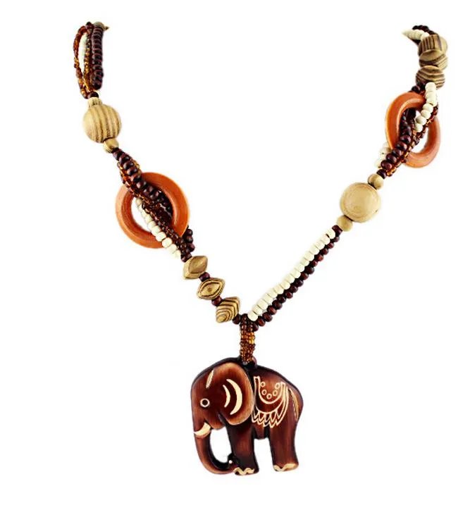 Boho-Ethno-Schmuck, lange handgemachte Perlen-Holz-Elefant-Anhänger-Maxi-Halskette für Frauen