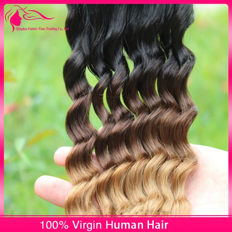 Malaisienne vague profonde ondulée Ombre Extensions de cheveux humains 1B 4 27 Ombre cheveux Weave Bundles avec trois tons Ombre dentelle fermeture Lot4145049